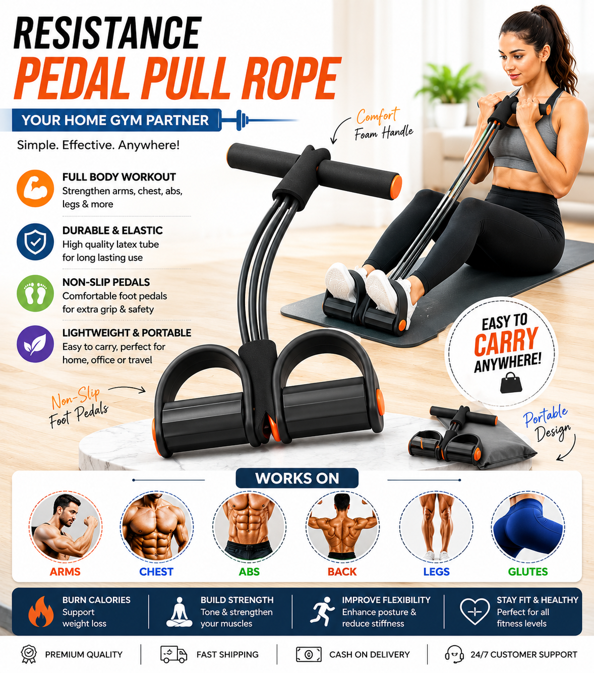 4 Tube Resistance Pedal Pull Rope – Portable Full Body Fitness Exercise Band for Home Gym, Yoga & Weight Loss