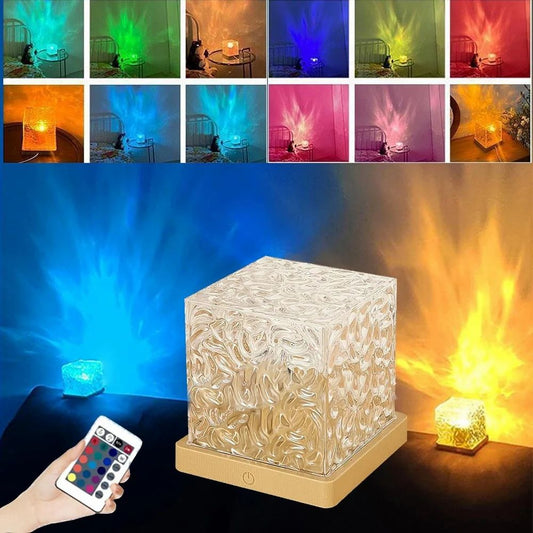 RGB Crystal Cube Flame Effect LED Night Light – 16 Colors, Remote Control & Ambient Table Lamp