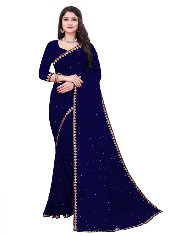 Women's Premium Navy Blue Designer Saree with Luxury Golden Embroidery | Party, Wedding & Festive Wear