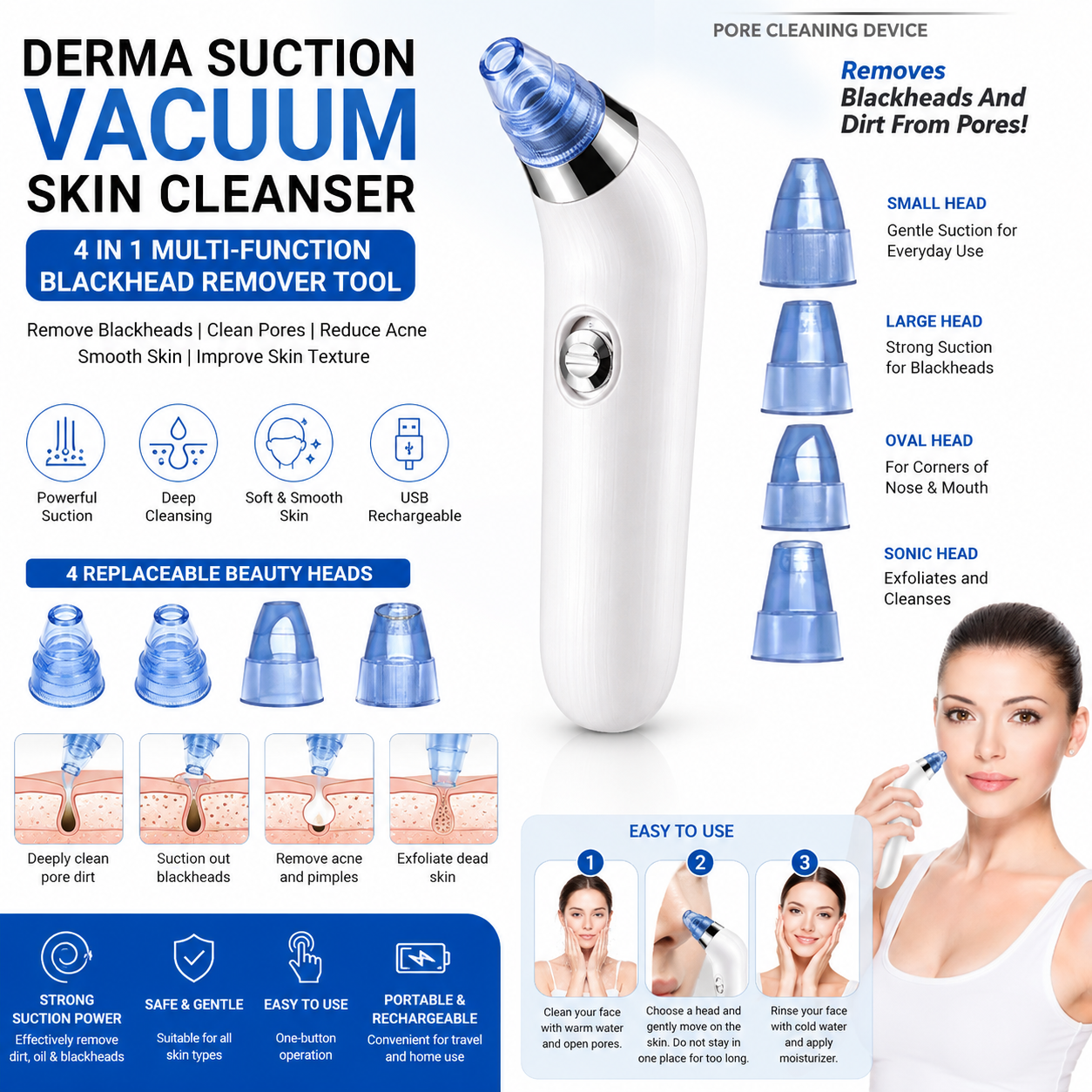 Derma Suction Vacuum Skin Cleanser | 4-in-1 USB Rechargeable Blackhead Remover & Deep Pore Cleaner