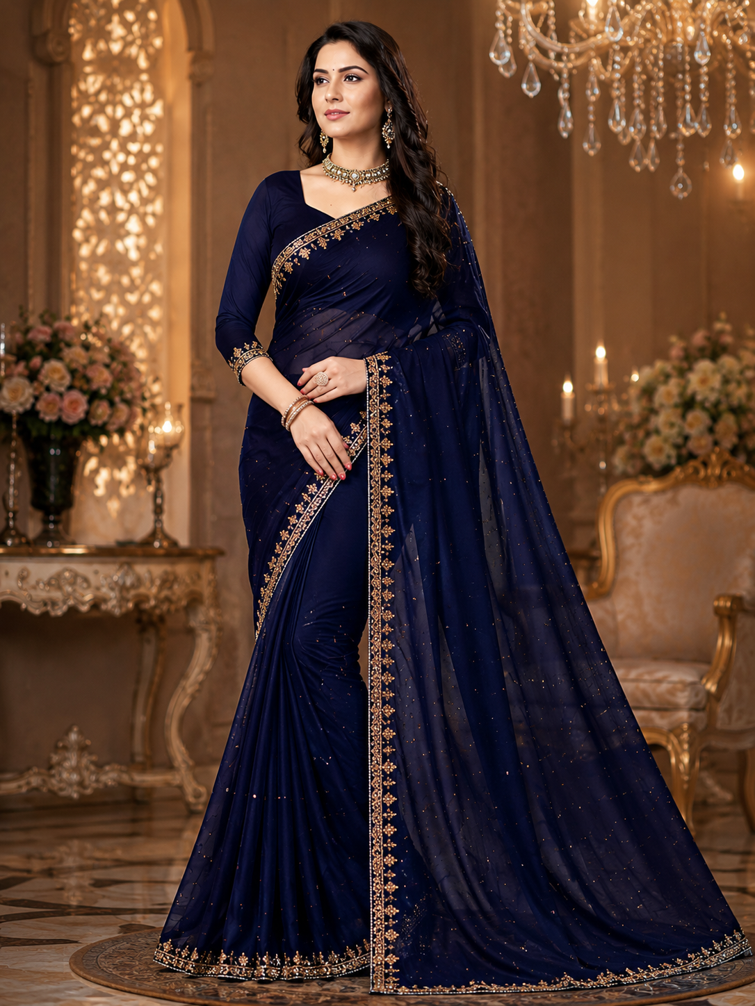 Women's Premium Navy Blue Designer Saree with Luxury Golden Embroidery | Party, Wedding & Festive Wear