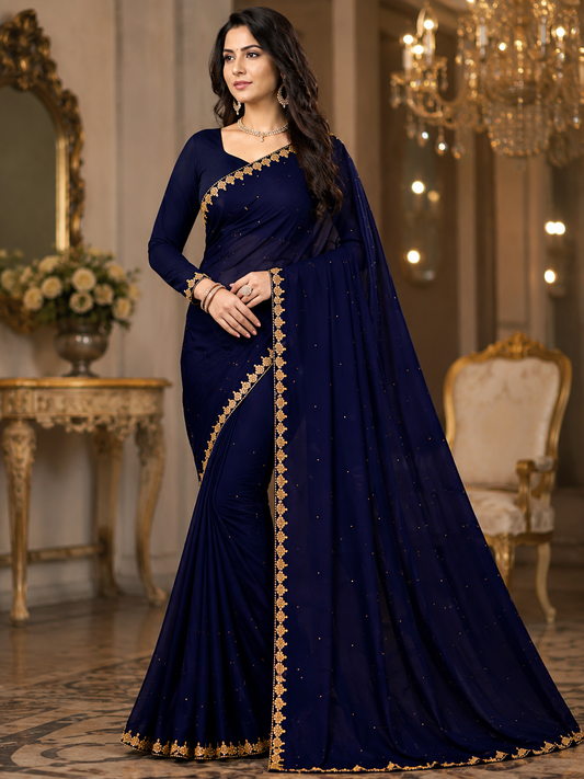 Women's Premium Navy Blue Designer Saree with Luxury Golden Embroidery | Party, Wedding & Festive Wear