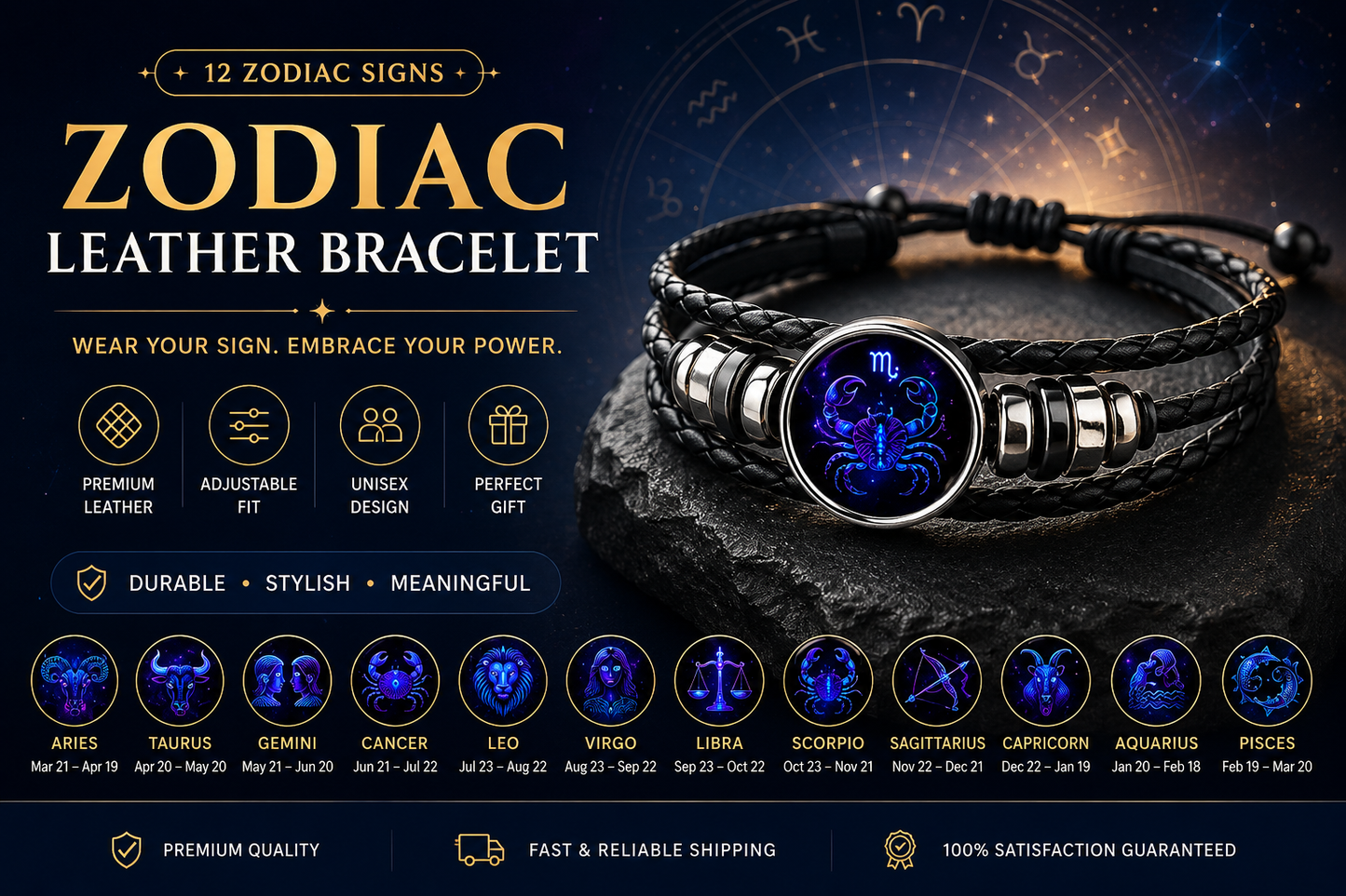 CosmoBand™ 12 Zodiac Leather Bracelet | Premium Adjustable Astrology Charm Wristband