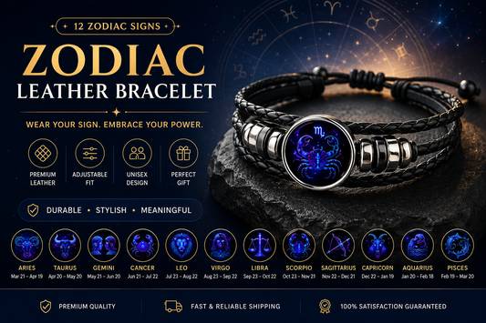 CosmoBand™ 12 Zodiac Leather Bracelet | Premium Adjustable Astrology Charm Wristband