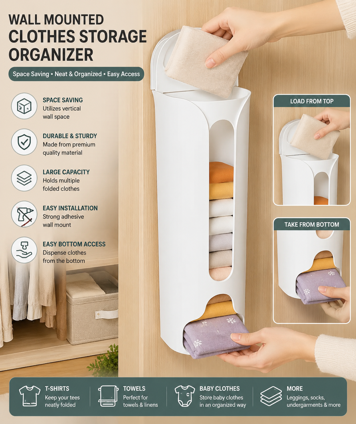 Wall-mounted clothes storage organizer with text highlighting features and usage instructions.