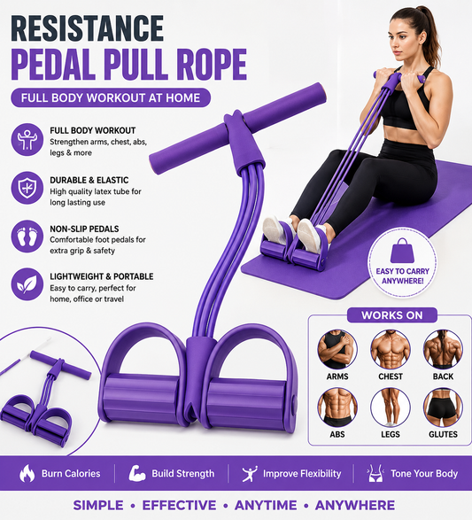 4 Tube Resistance Pedal Pull Rope – Portable Full Body Fitness Exercise Band for Home Gym, Yoga & Weight Loss