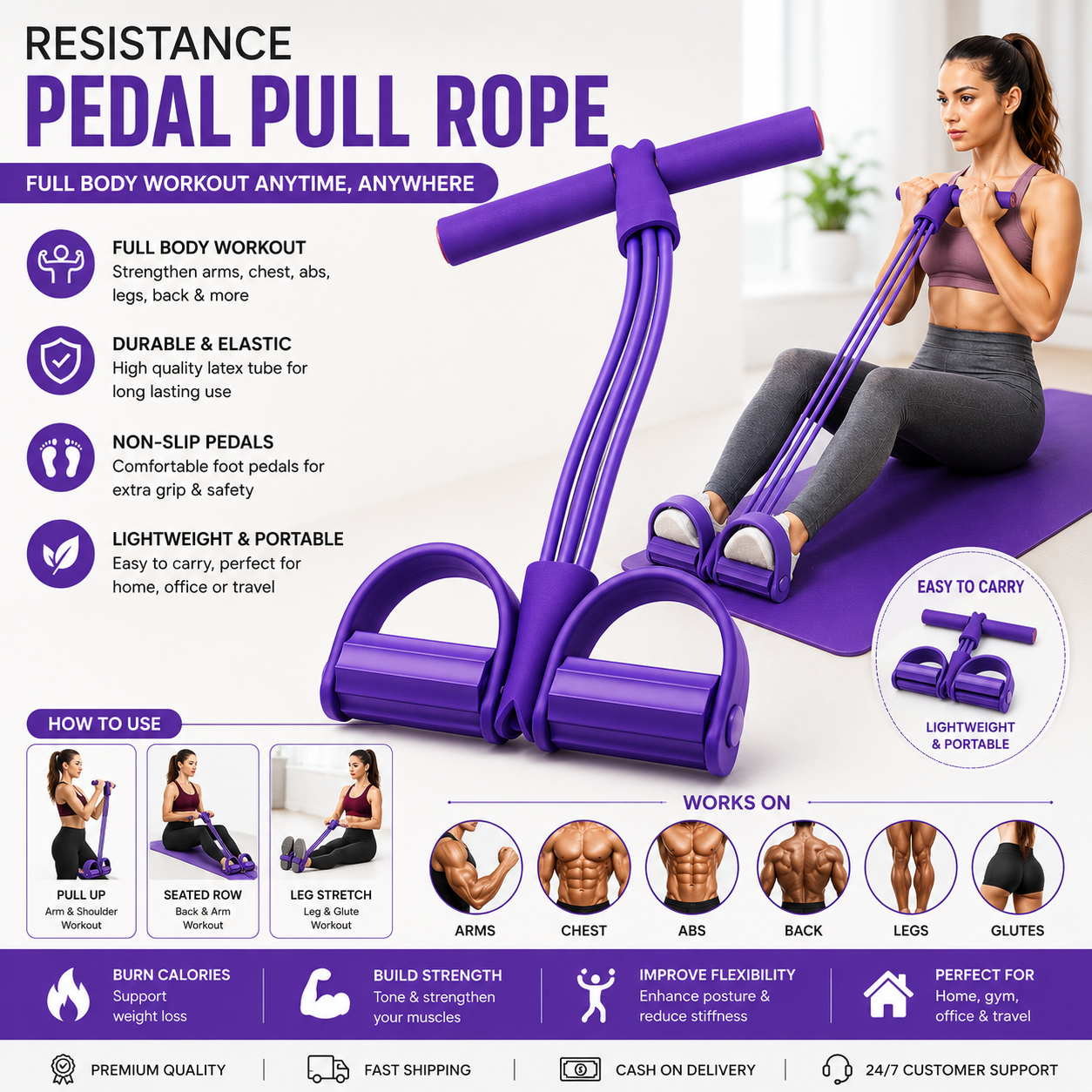 4 Tube Resistance Pedal Pull Rope – Portable Full Body Fitness Exercise Band for Home Gym, Yoga & Weight Loss