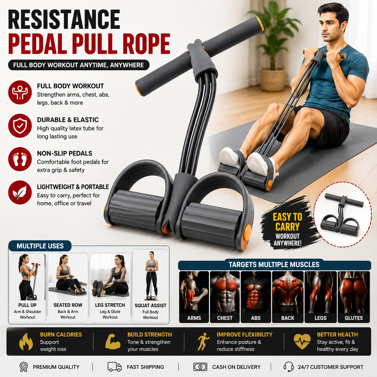 4 Tube Resistance Pedal Pull Rope – Portable Full Body Fitness Exercise Band for Home Gym, Yoga & Weight Loss