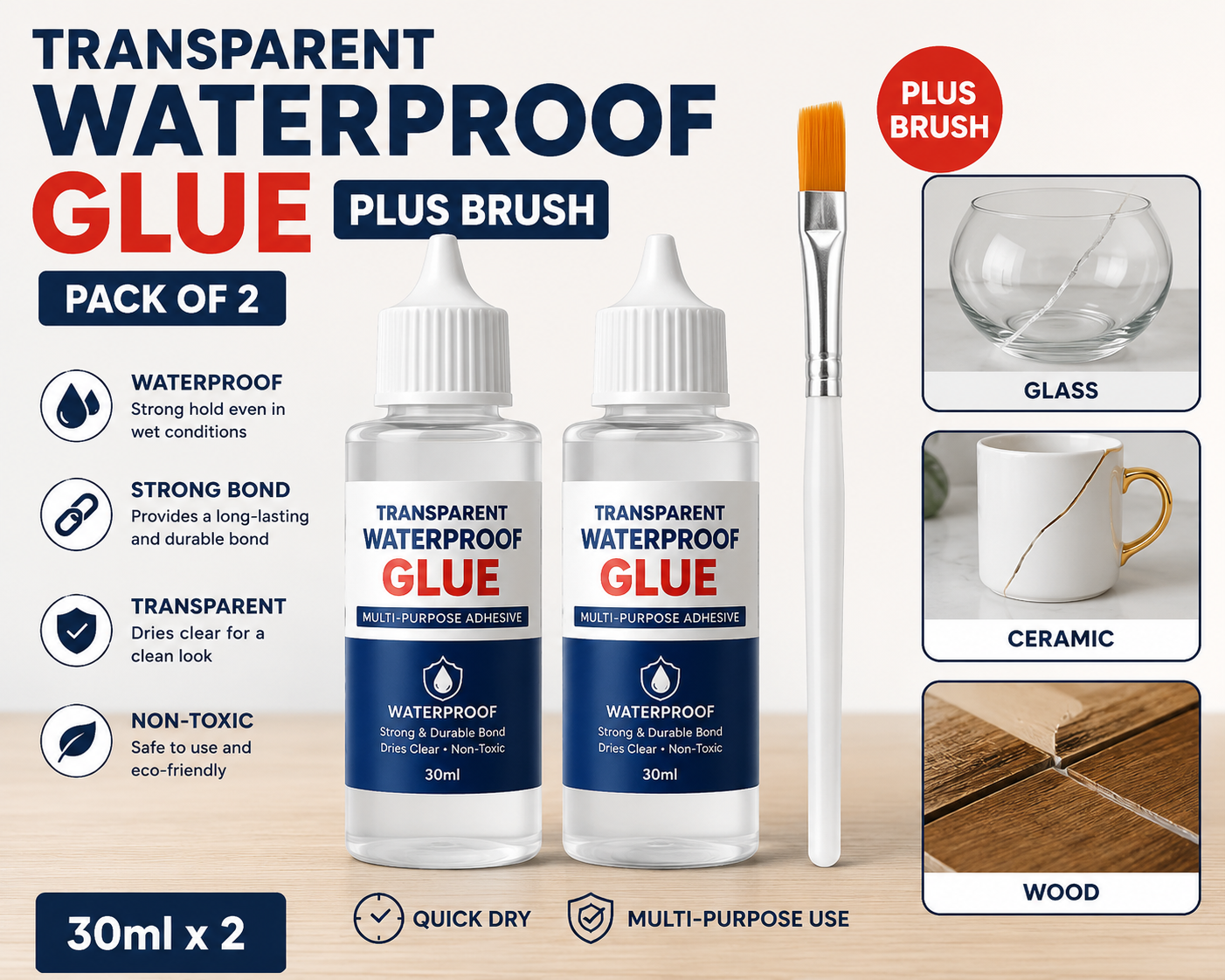 Transparent Waterproof Glue Plus Brush (Pack of 2) | Ultra Strong Multi-Purpose Adhesive for Glass, Ceramic, Wood, Metal & More