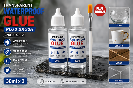 Transparent Waterproof Glue Plus Brush (Pack of 2) | Ultra Strong Multi-Purpose Adhesive for Glass, Ceramic, Wood, Metal & More