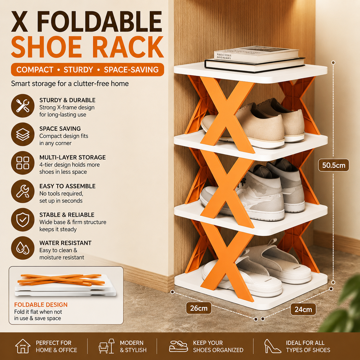 FlexiRack™ X-Fold Shoe Organizer | Premium Foldable 4-Tier Space Saving Storage Rack
