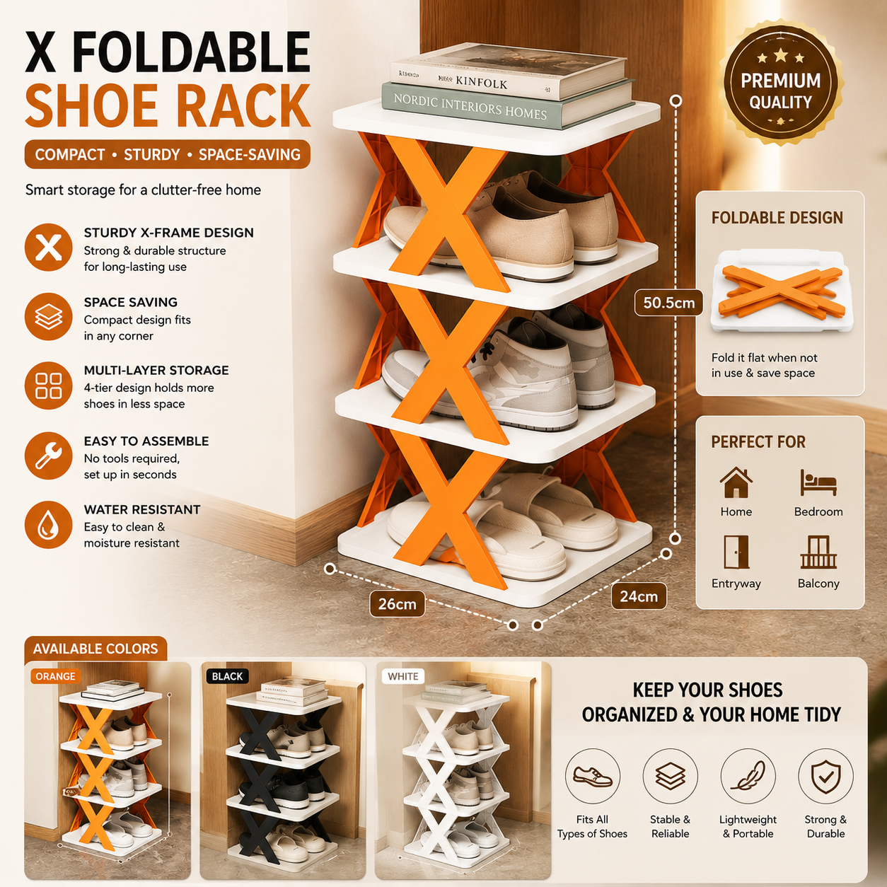 X-foldable shoe rack with features and benefits on a wooden floor background