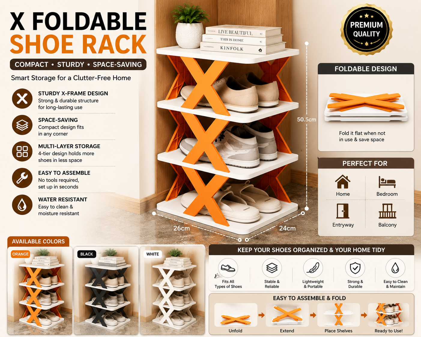 FlexiRack™ X-Fold Shoe Organizer | Premium Foldable 4-Tier Space Saving Storage Rack