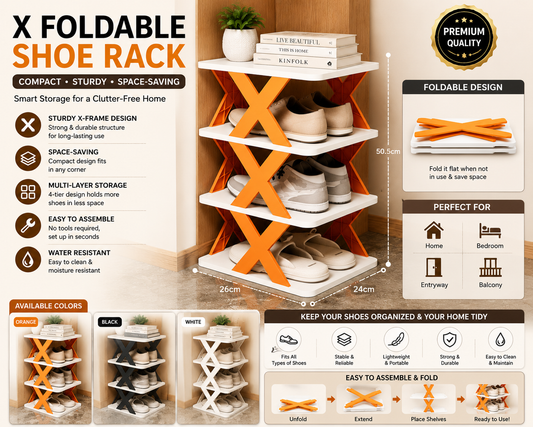 FlexiRack™ X-Fold Shoe Organizer | Premium Foldable 4-Tier Space Saving Storage Rack
