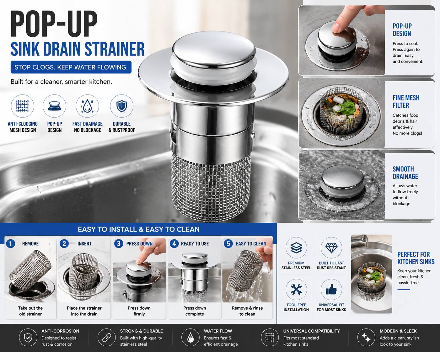 Universal Pop-Up Sink Drain Strainer | Stainless Steel Anti-Clog Hair Catcher | Easy Install Drain Stopper