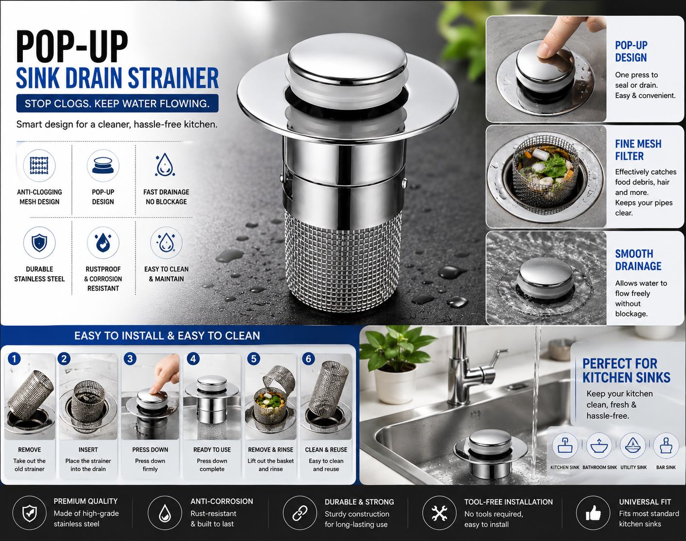 Universal Pop-Up Sink Drain Strainer | Stainless Steel Anti-Clog Hair Catcher | Easy Install Drain Stopper