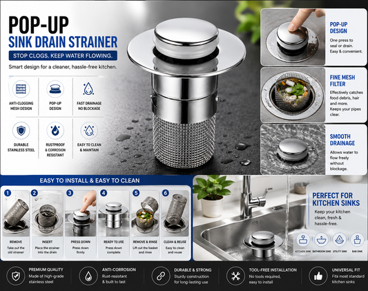 Universal Pop-Up Sink Drain Strainer | Stainless Steel Anti-Clog Hair Catcher | Easy Install Drain Stopper